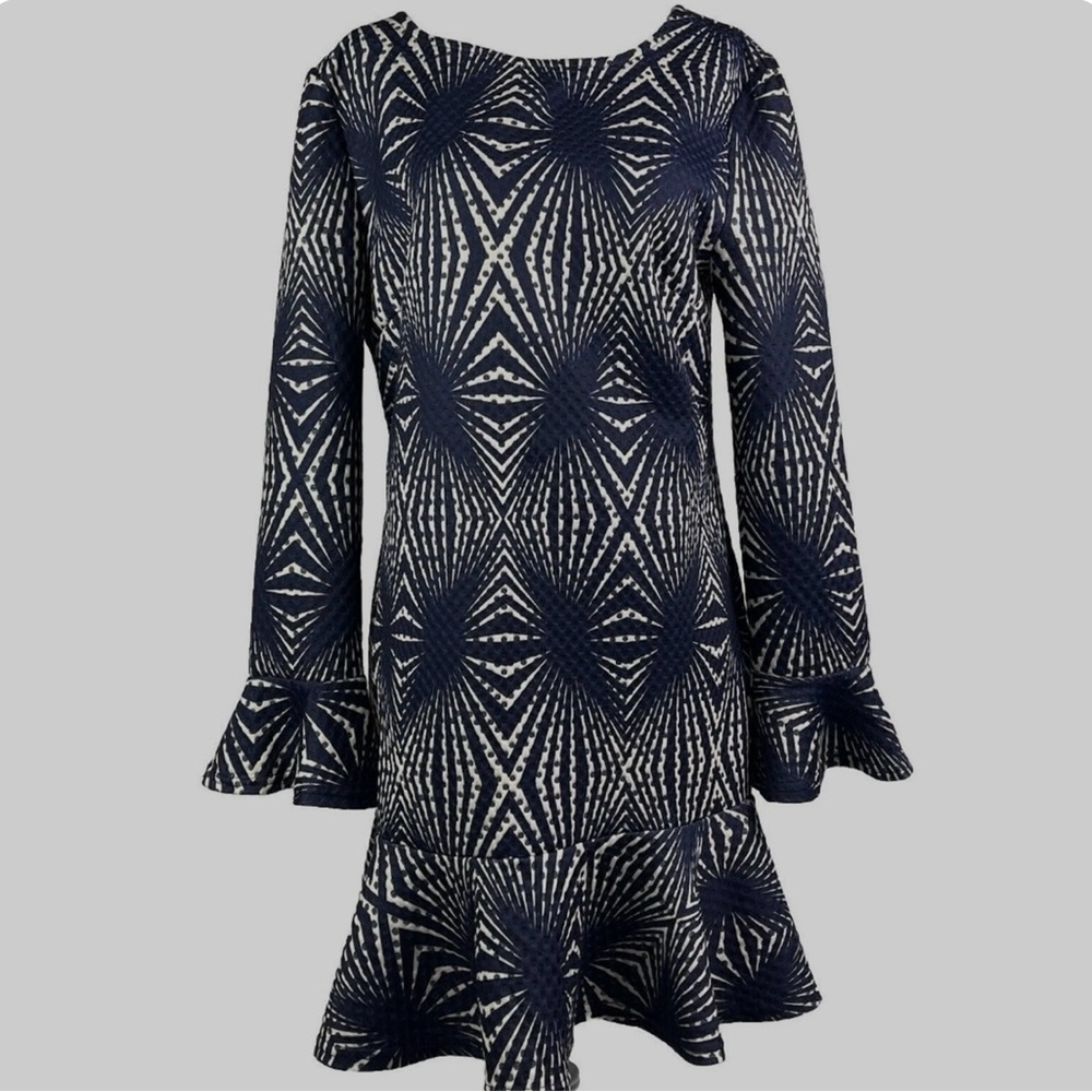 Aryeh Blue Off White Flutter Sleeve Dress U Neck L